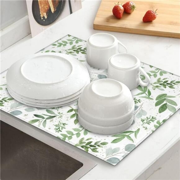 Sage green dish drying mat absorbent microfiber kitchen counter protector large - Picture 2 of 8